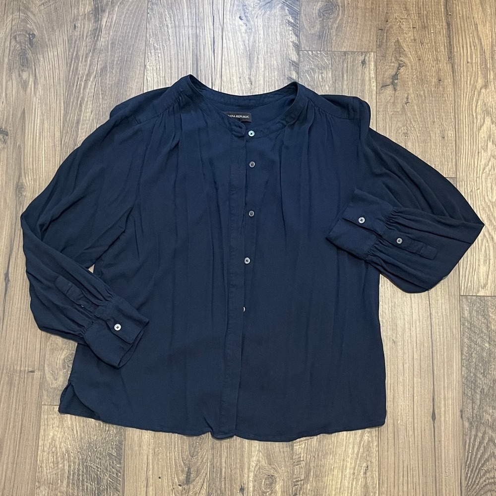 Banana Republic LS Essential Viscose Blouse Navy Blue Band Collar Top Large